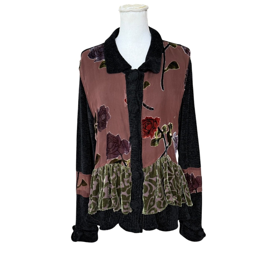 Taylor G Vintage Mixed Media Floral Velvet Burnout Cardigan Sweater Black ML